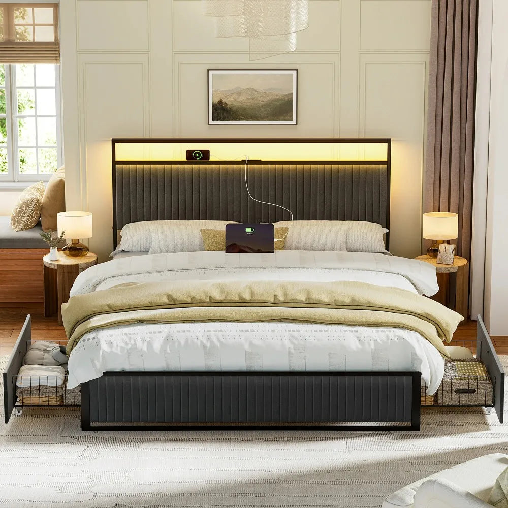 Bed Frame with Headboard, Platform Bed with 2 Drawers, Velvet Upholstered Bed Frame with LED Lights & Charging Station, Beds
