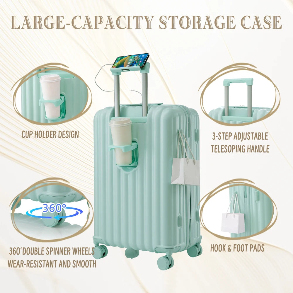 20"/24"/28" 3 Pcs/set in ABS Spinner Wheel Luggage Carry on Suitcase with Cup Holder & USB Port & Phone Holder (Mint Green)