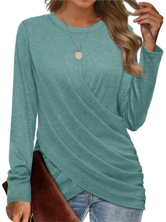 Women's Clothing 2024 Autumn Winter New Solid Color T-shirt Casual Round Neck Cross Pleated Loose Long Sleeved Top