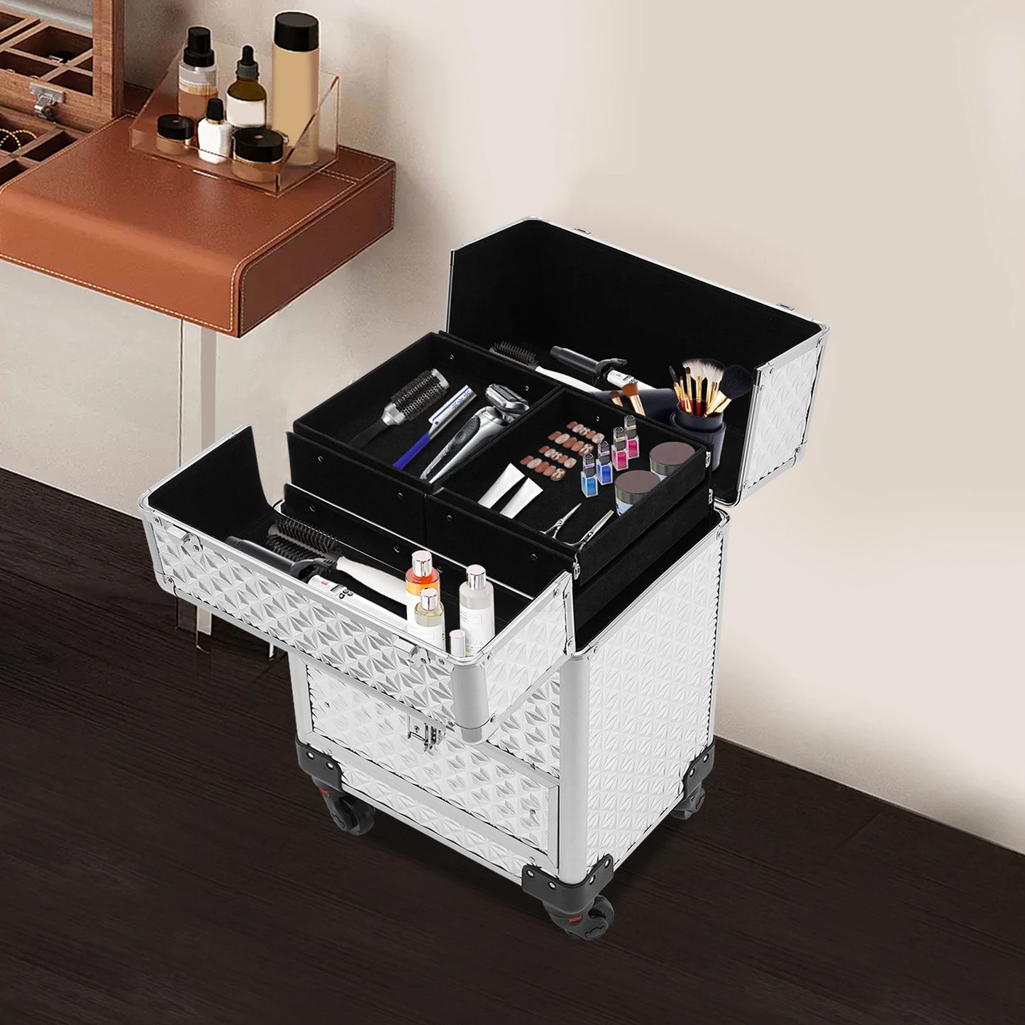 Makeup Rolling Train Case, Cosmetic Travel Trolley Storage Sliding Drawer Hairstylist Organizer Box Salon Barber Case Silver