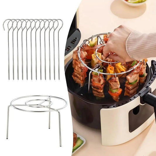 Stainless Steel Air Fryer Grill Round with Grilled Skewers Hanging Skewers Rack Vertical Grill Rack for Home Kitchen Outdoor