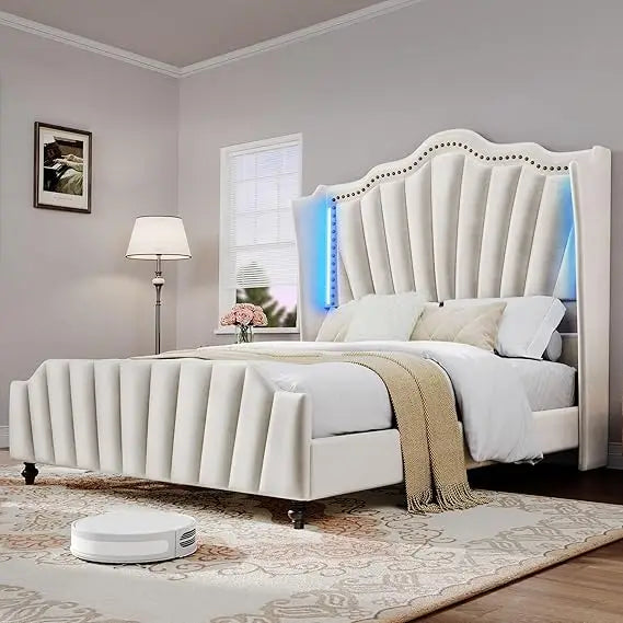 YITAHOME Queen Size Platform Bed Frame with 60" Tall Wingback Headboard and Footboard, Velvet Upholstered Bed with LED Light, So