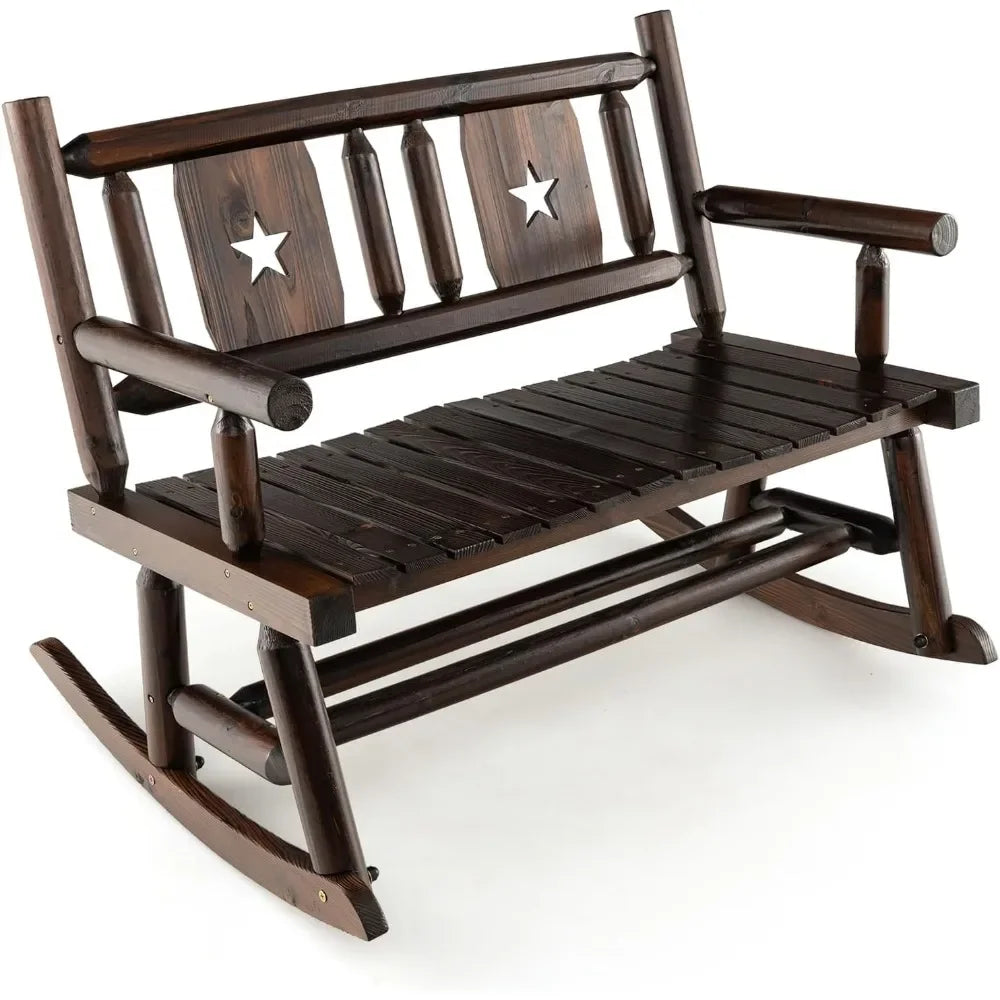 2-Seater Garden Bench,  Carbonized Wood Patio Rocker Chair with Ergonomic Backrest,  Outdoor Furniture Rocking Loveseat