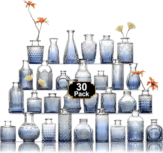 Vases Set of 30, Blue Vases for Centerpieces, Mini Flower Vintage Cute Small Glass Vases for Wedding Home Table Flower Décor