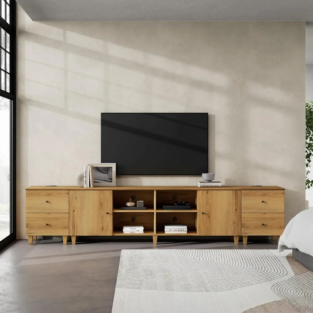 3-in-1 TV Stand w/Doors&Charging Station, 105" Modern Wood Entertainment Center Media Console for 110+ inch TVs, TV Cabinet w/S