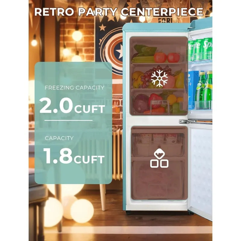 3.8 Cu.Ft Retro Fridge with Bottom Freezer and Drawer, 2 Door Refrigerator with 7 Adjustable Temperature Settings Blue