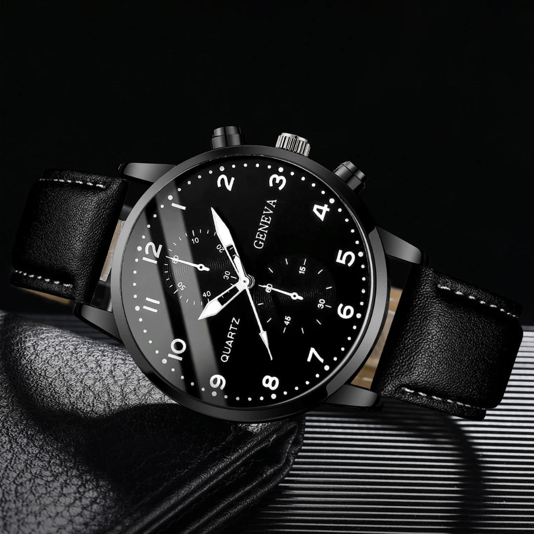 5PCS/Set Men's Business Watches Fashion Arabic Dial Leather Band Quartz Watch Bracelets Set（Without Box）