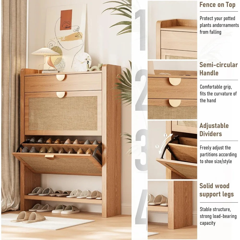 Rattan Storage Cabinet, Shoe Organizer with 2 Flip Drawers, Narrow Shoe Cabinet, Free Standing Hidden Shoe Storage