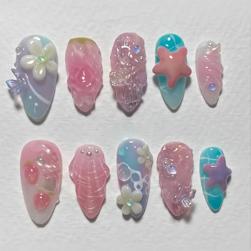 24PCS Blue Gradient French False Nails 3D Flowers Shell with Seastar Diamonds Fake Nails for Women Wearable Almond Nail Manicure