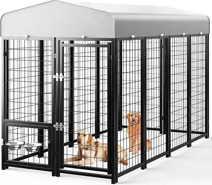 Dog Kennel Pen Outside Outdoor Dog Run with Roof, Swivel Feeders/Removable Doggy Door Allow Connecting Your Dog House- Kennel He