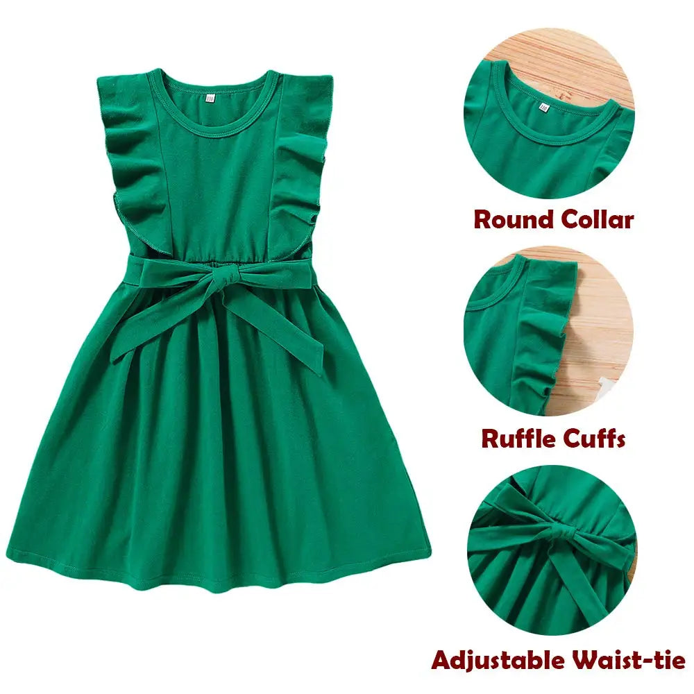 Baby Girls Summer Ruffle Sleeve Cotton Dress Swing Casual Girl Sundress with Belt for 4-8 Years Girls Colorful