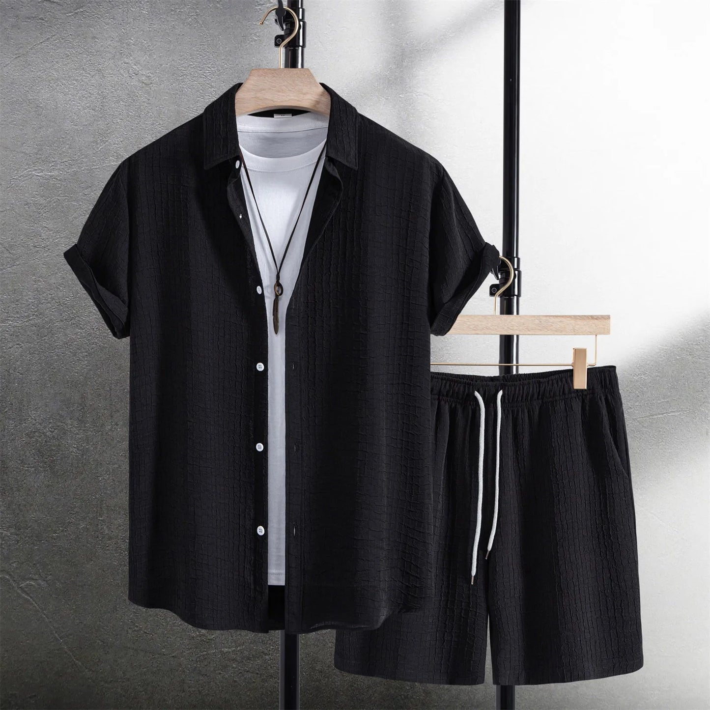 Mens Casual Waffle Shirt Suit Two Piece Solid Short Sleeved Shirt And Shorts Suit Harajuku Casual T-Shirt And Shorts Set