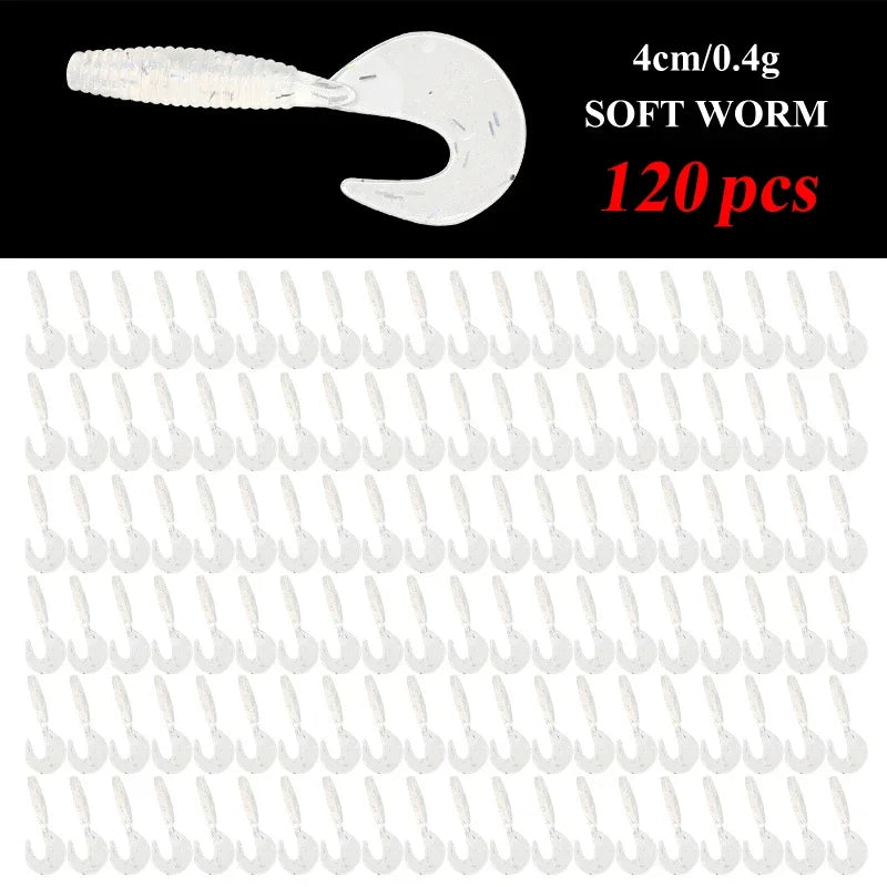 120Pcs New Soft Bait 4cm0.4g Fishing Lures Plastic Silicone Worm Moggot Grub Lure Saltwater Wobblers Carp Swimbait for Pike Tool