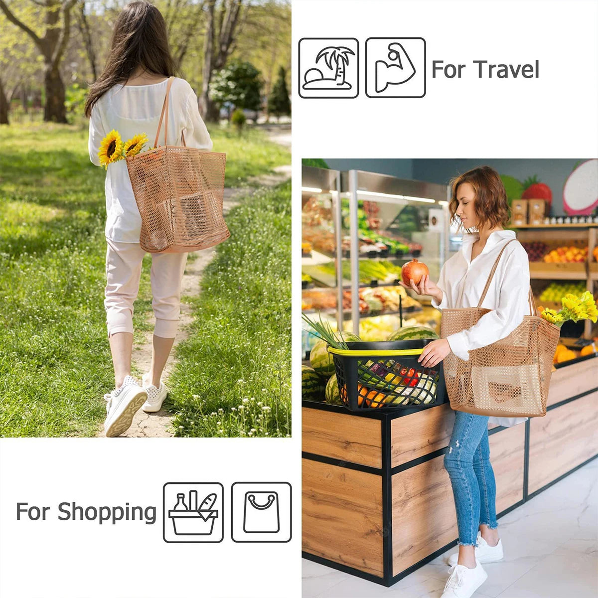 Mesh Beach Tote Womens Shoulder Handbag，Women's Portable Washing and Swimming Clothing Storage Bag