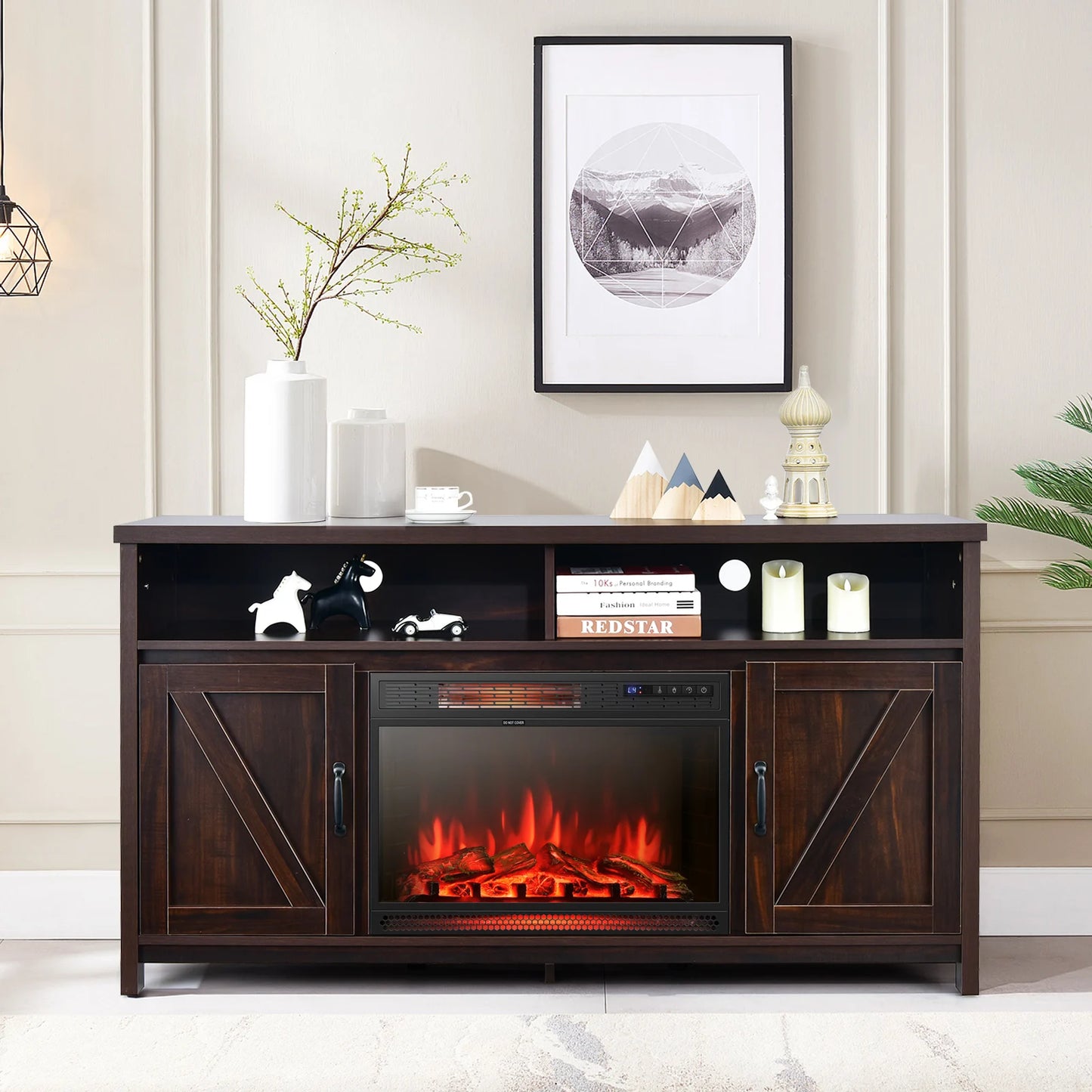59" Fireplace TV Stand W/ 25" 1350W Electric Fireplace Heater Coffee