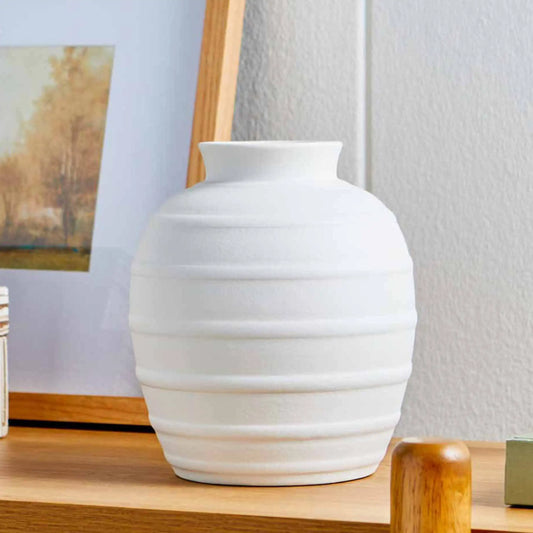8 Textured White Ribbed Ceramic Vase