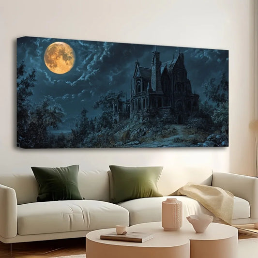 1.5 inch thick pine solid wood frame, Halloween horror old house canvas art - home decor wall art