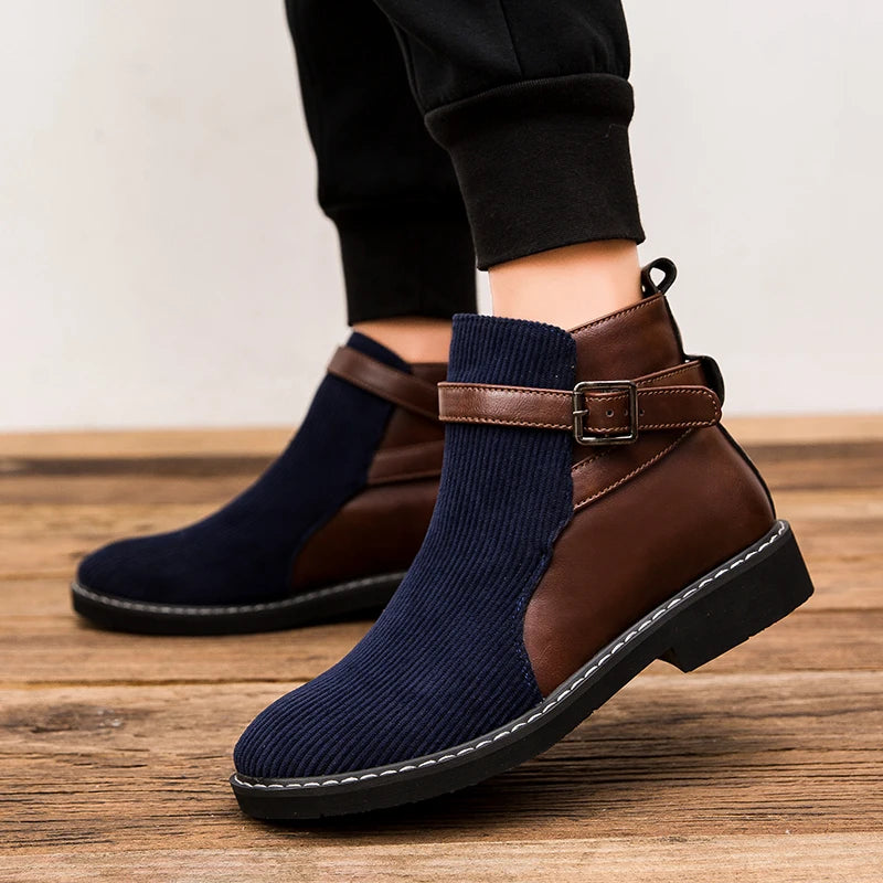High-top Chelsea Boots, Multi-color Belt Buckle Men's Boots, Pointed-toe Large-sized Retro British Style Men's Boots