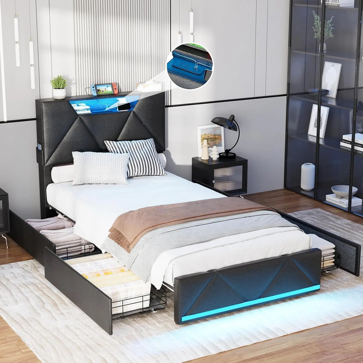 Full Bed Frame with Storage Headboard and 4 Drawers,Upholstered Platform Charging Station and Led Lights,Adjustable Headboard