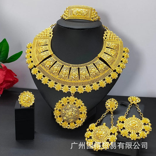 24k gold-plated exaggerated large-scale alloy necklace earrings bracelet ring women's wedding jewelry set