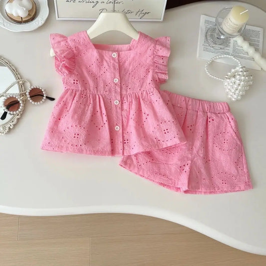 Children's Clothing Sets Fly Sleeve Lace Top + Shorts 2pcs Sets Baby Girl Clothes Kids Clothes Girls Kids Boutique Clothes
