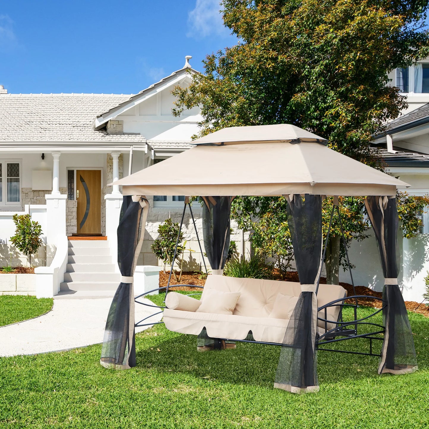 Outsunny 3 Seater Swing Chair 3-in-1 Convertible Garden Swing Seat Bed Gazebo Patio Bench Outdoor with Double Tier Canopy