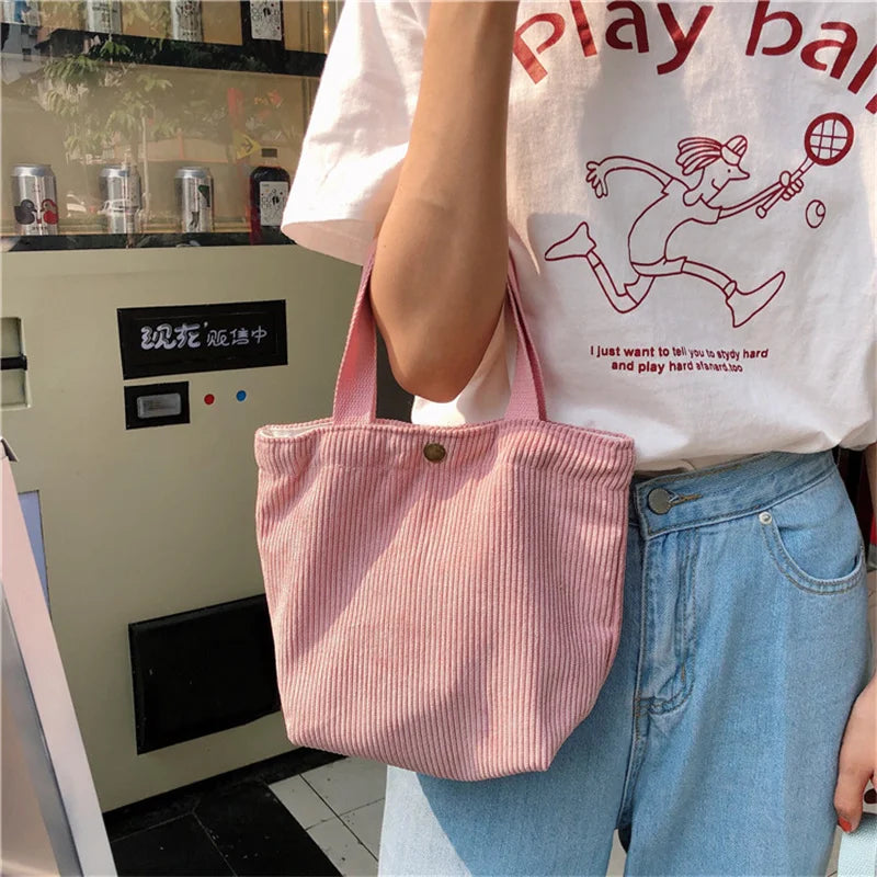 Cute Corduroy Shopper Tote Bag Woman Girls Lady Travel Shopping Cloth Handbags Lunch Bag Small Portable Hand Pouch Bag Organizer