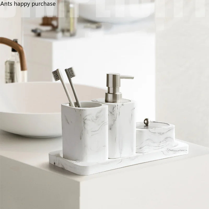 Bathroom Four Piece Set Resin Marble Bathroom Set Wash Sets Lotion Bottle Mouthwash Cup Cotton Swab Box Tray Soap Dispenser
