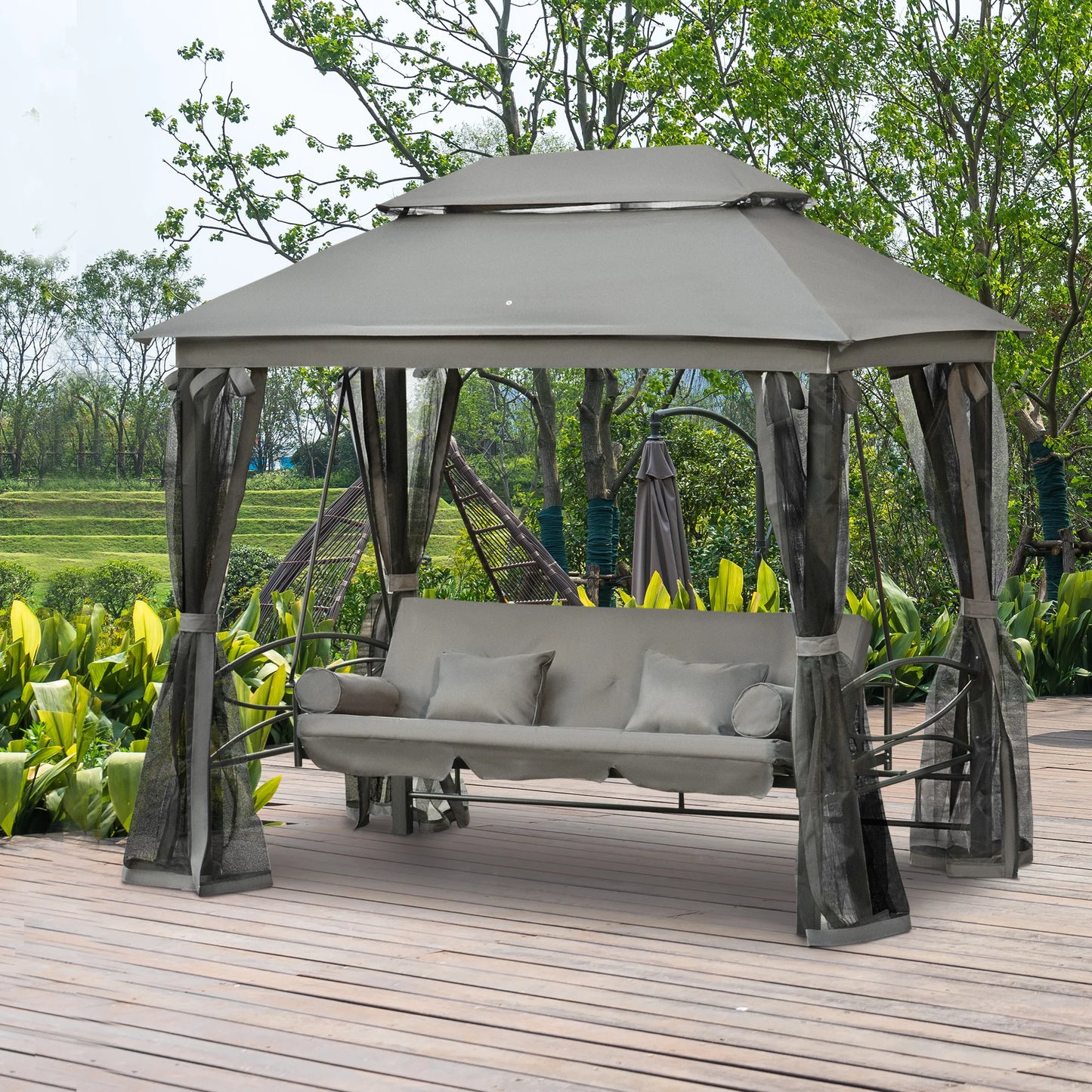 Outsunny 3 Seater Swing Chair 3-in-1 Convertible Garden Swing Seat Bed Gazebo Patio Bench Outdoor with Double Tier Canopy