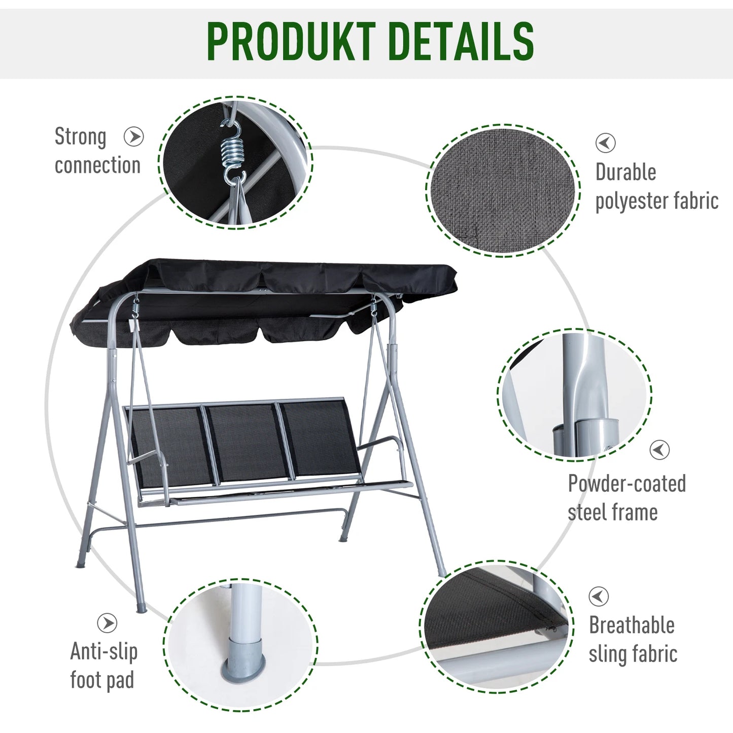 Outsunny 3 Seater Swing Chair Garden Canopy Swing Bench Hammock with Breathable Fabric for Patio, Black