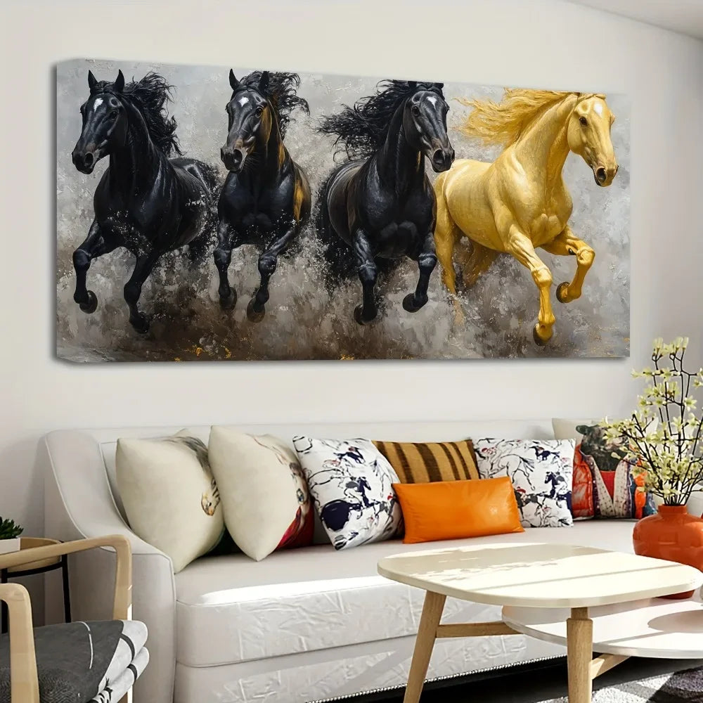 Elegant 1.5 "thick pine frame canvas art - Majestic Eight running horses oil painting, modern American decorative style
