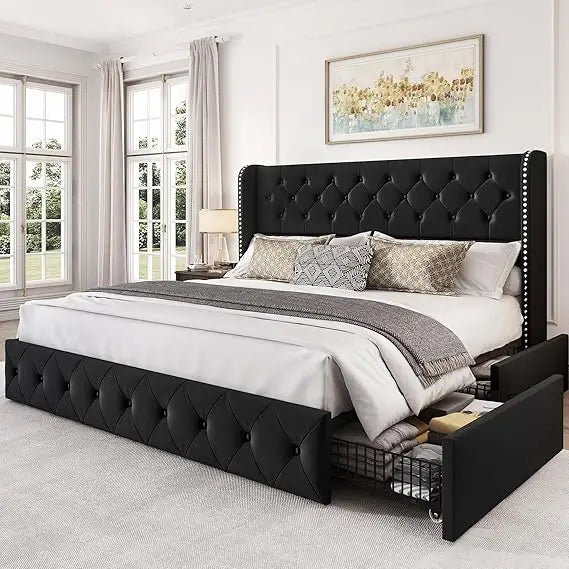 King Size Bed Frame with 4 Storage Drawers and Wingback Headboard Velvet Upholstered Platform Bed Frame Tufted Beds with Wooden