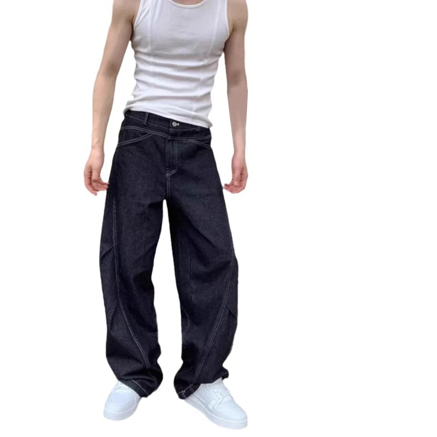 2024 American Style Black Vintage Jeans High-Waisted Loose-Fit Washing Denim Pants Trendy Couple Casual Mens Clothing Trousers