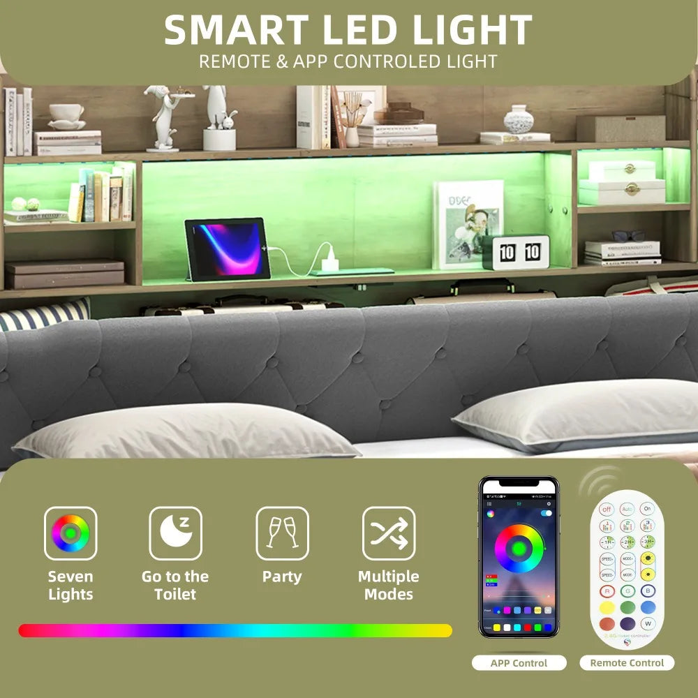 King Size Bed Frame Storage Headboard Include Smart LED Lights, Plug in Port, Easy Assembly, Bedroom Furniture Gray King Beds