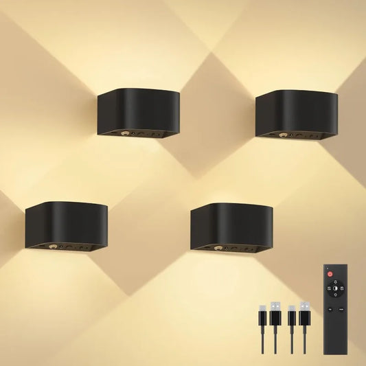 4 Pack Motion Sensor Wall Lamp with Remote Control 3 Colors Wireless Wall Light LEDBlack-