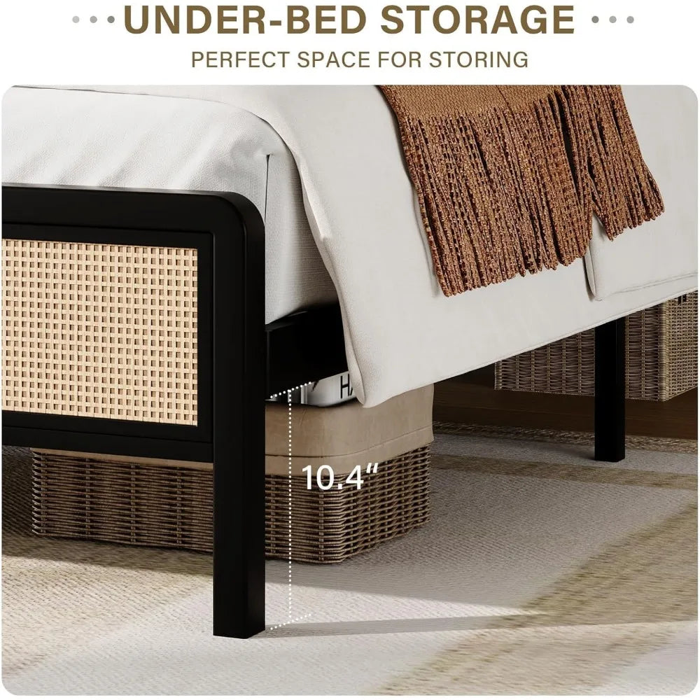 Rattan  Frame Full, Boho Frame with Headboard, Metal Platform Bed Frame, Rattan Beds Frames with Steel Slats Support