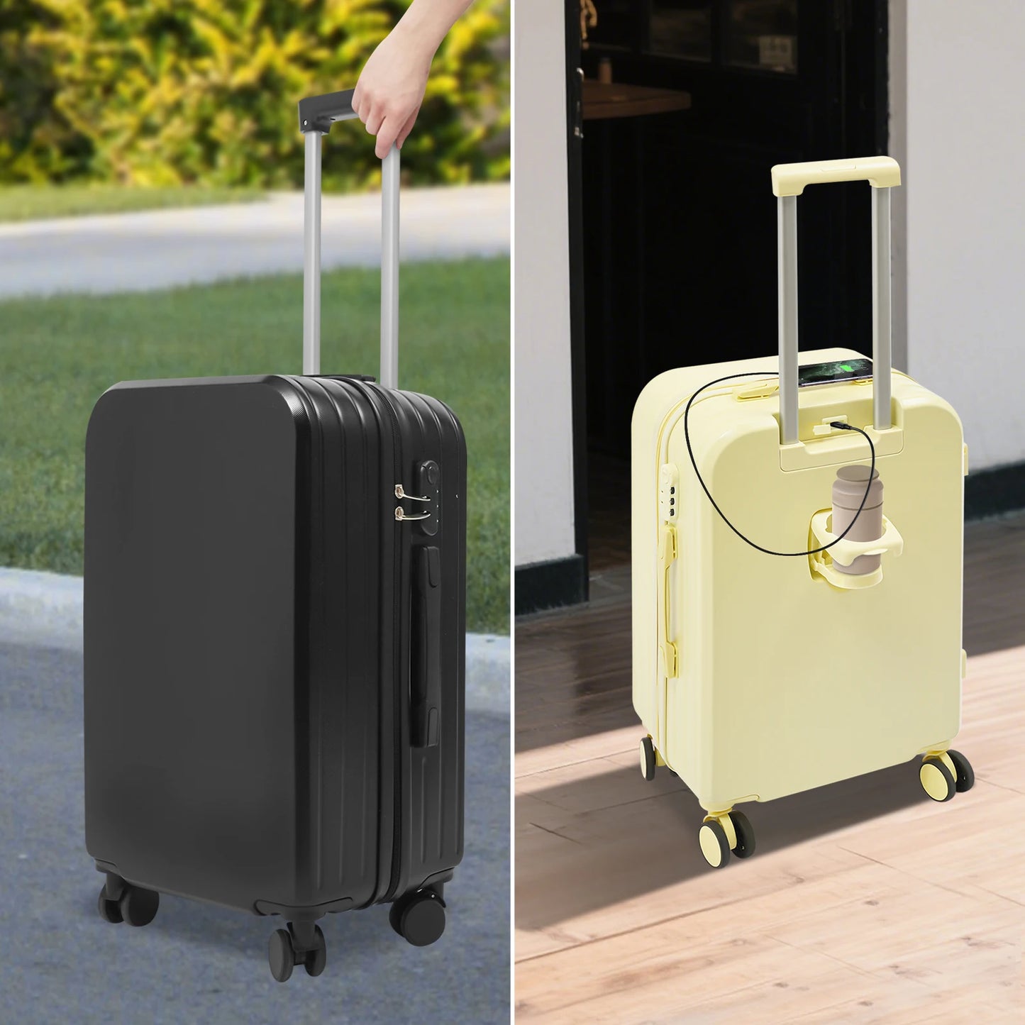 24" Check-In Luggage with Cup Holder&USB Port, Lightweight Suitcase, 360° Spinner Wheels for Travel