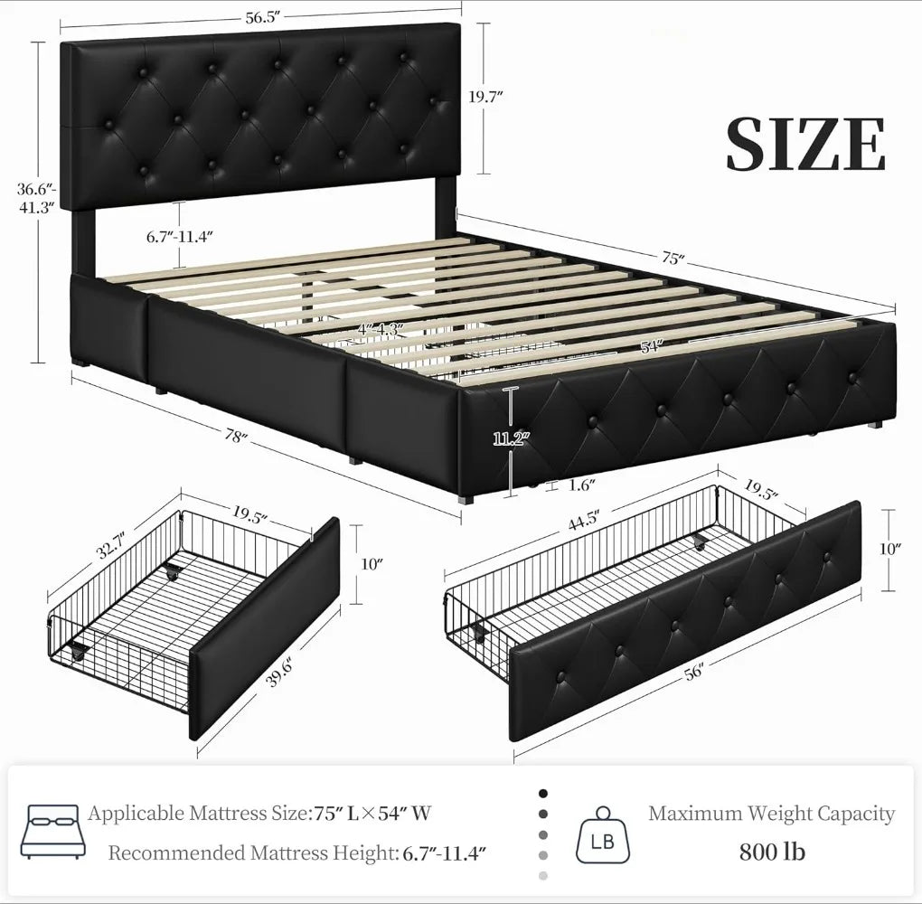 Full Bed Frame Upholstered Bed Frame with Adjustable Diamond Button-Tufted Headboard/3 Drawers Storage, Queen Platform Bed/