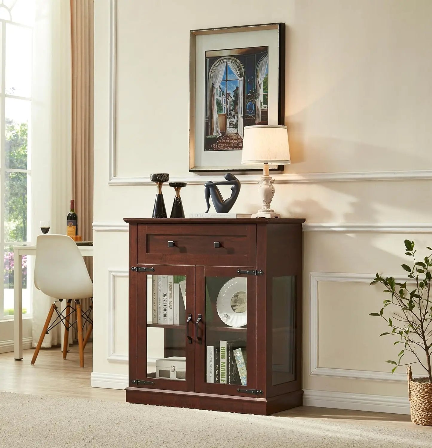 Small Buffet Cabinet with Glass Doors,Wood Coffee bar with Adjustable Shelf,Liquor Cabinet,for Living Room and Dining Room