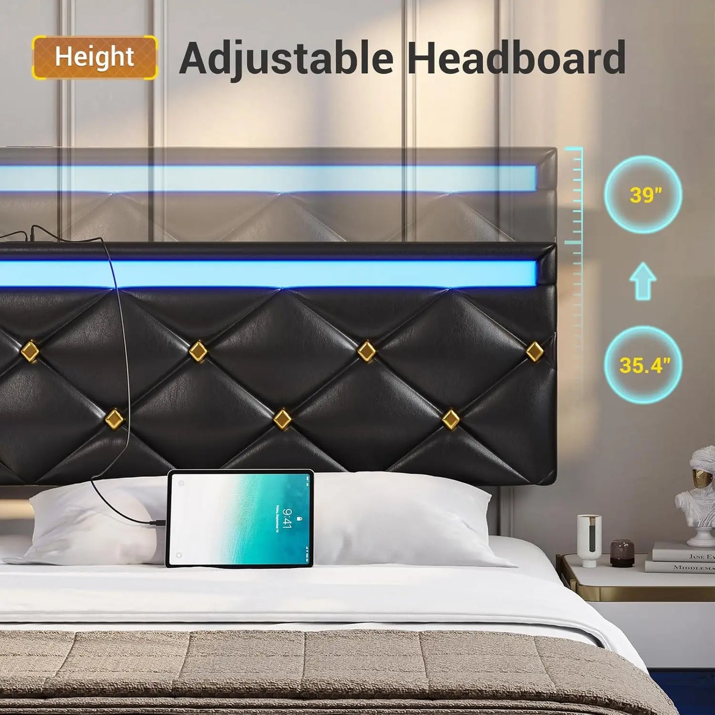 Floating Bed Frame King Size with LED Lights and Charging Station, Modern King Platform Bed with Vegan Leather Upholstered