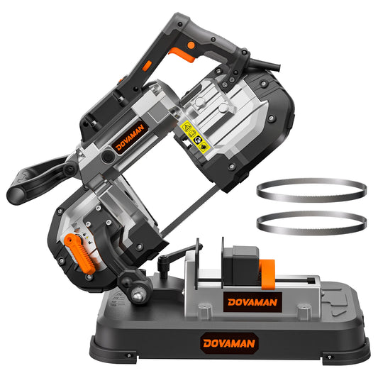 DOVAMAN Portable Band Saw, 10A Corded Handheld, 5" Cut Capacity, 6-Speed, 0°–45° Adjustable, Wood & Metal, 2 Blades