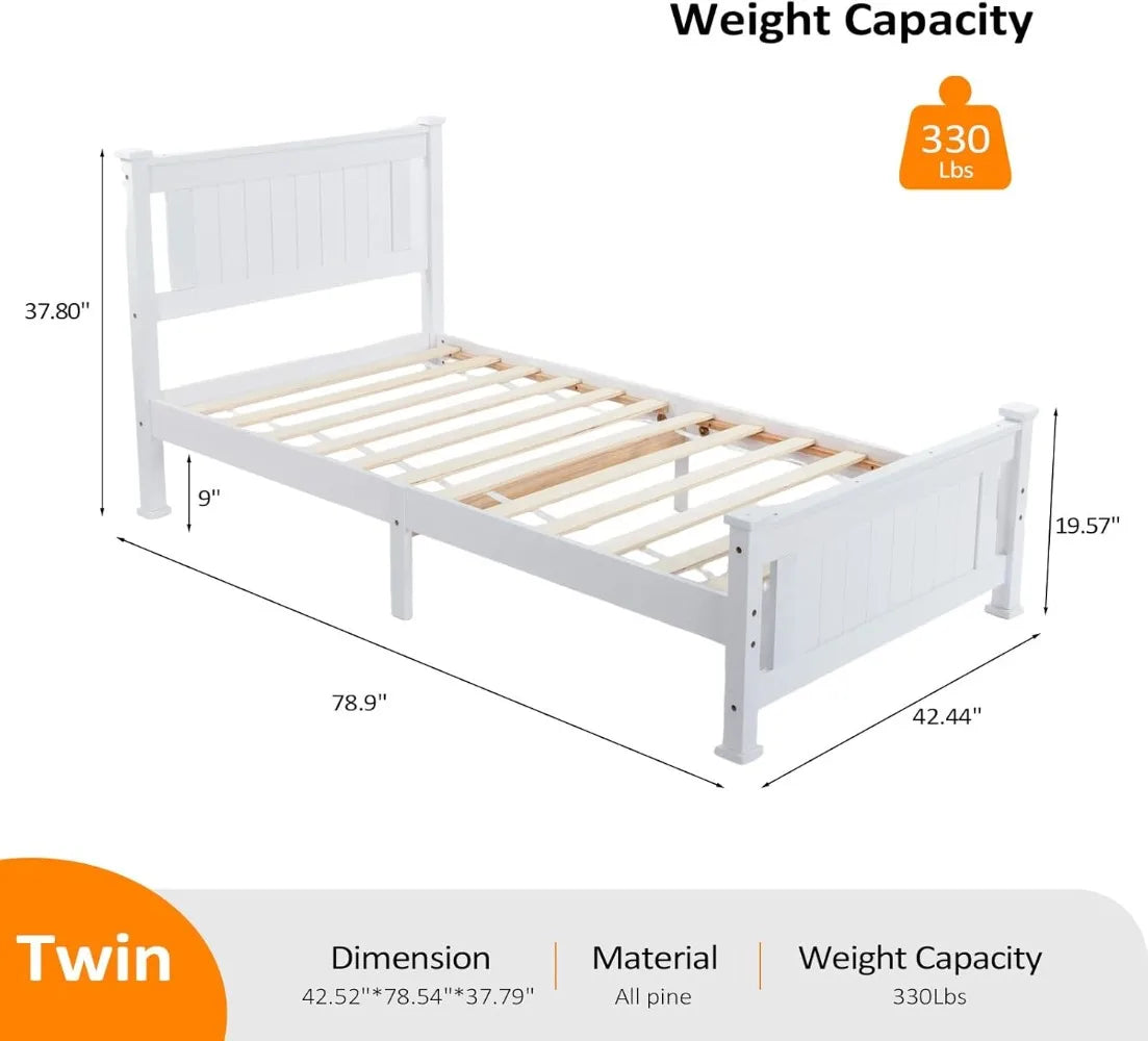 Twin Size Solid Wood Platform Bed Frame, Single Bed with Headboard,  Wood Slat Support Mattress Foundation, White