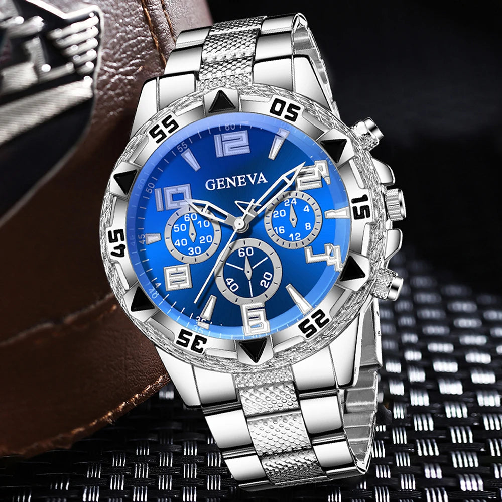 3PCS Luxury Men's Watch Set Fashion Trend Classic Quartz Watch Bracelet Necklace Set for Daily Clothing Matching or Holiday Gift