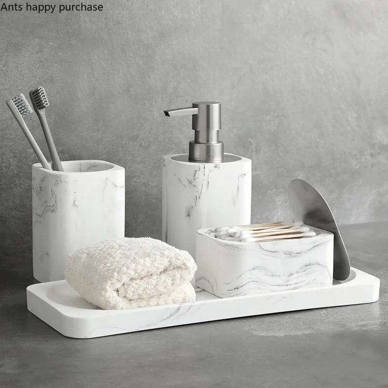 Bathroom Four Piece Set Resin Marble Bathroom Set Wash Sets Lotion Bottle Mouthwash Cup Cotton Swab Box Tray Soap Dispenser