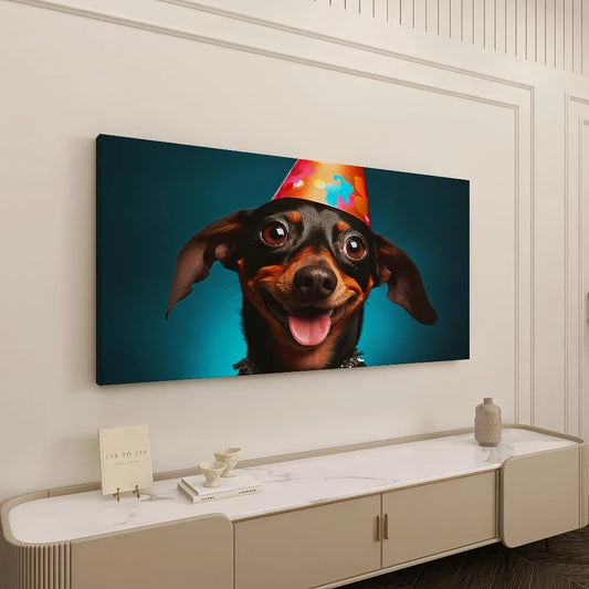 Birthday Puppy canvas mural, suitable for bedroom, living room, home office, 1.5 inch thick pine solid wood frame