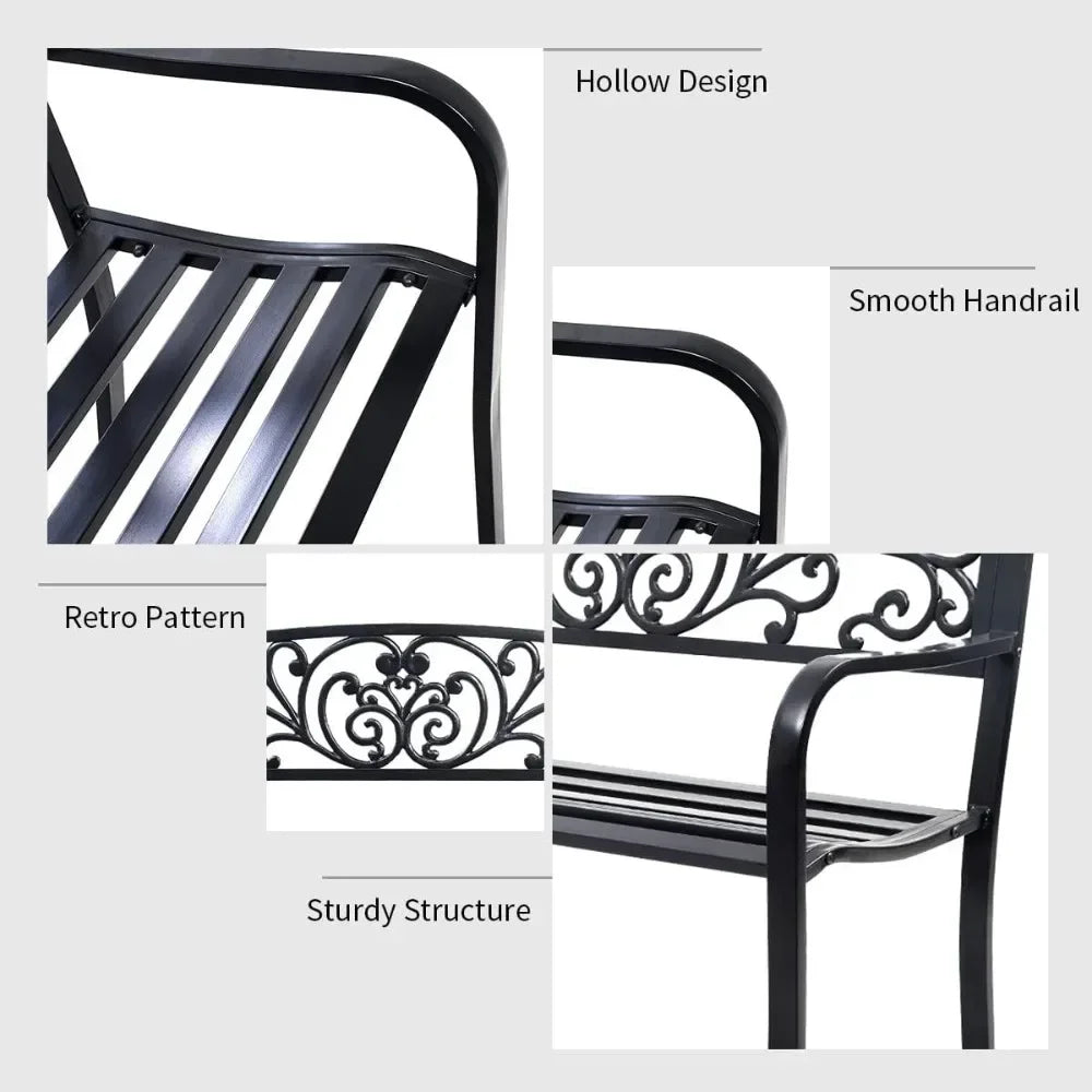 2 Seater Garden Bench, Decorative Pattern Iron Park Chair Seat, Outdoor Leisure Loveseat for Garden,  Patio,  Park,  Yard