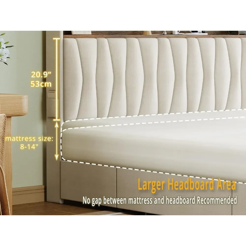 Full Size Bed Frame with 3 Drawers, Upholstered Platform Bed with Storage Headboard and Charging Station, No Box Spring