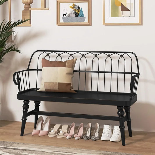 Entryway Bench, Farmhouse Dining Bench with Back, Wooden Indoor Benches Seat with Metal Spindle Back for Entryway, Hallway