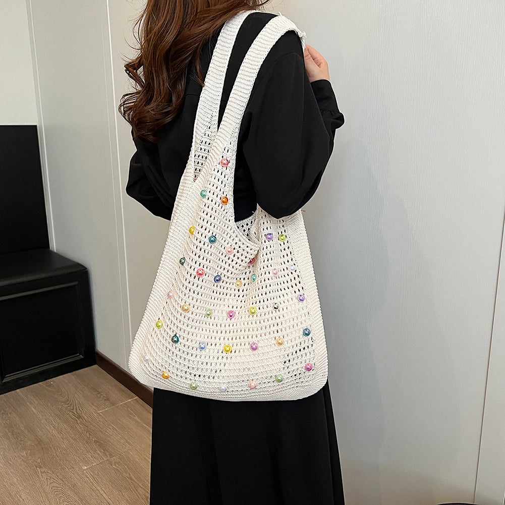 Women Crochet Shoulder Bag Knitted Tote Bag Large Capacity Fashion Tote Handbags with Colorful Pearls Outdoor Travel Bag