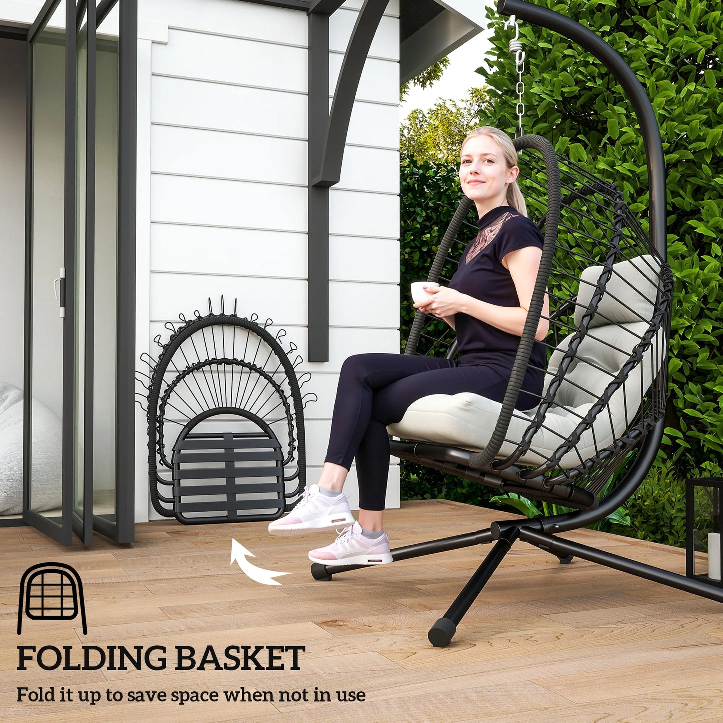 Outsunny PE Hanging Swing Chair w/ Thick Cushion, Patio Hanging Chair, Black